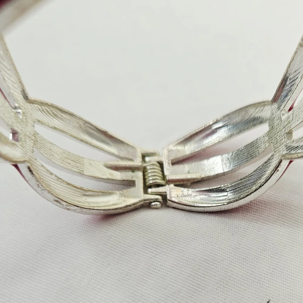 New York & Company Red Enamel Hinged Cuff Bracelet Silver Tone Bangle